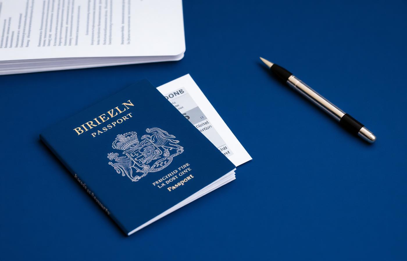 Passport and application documents on a navy desk